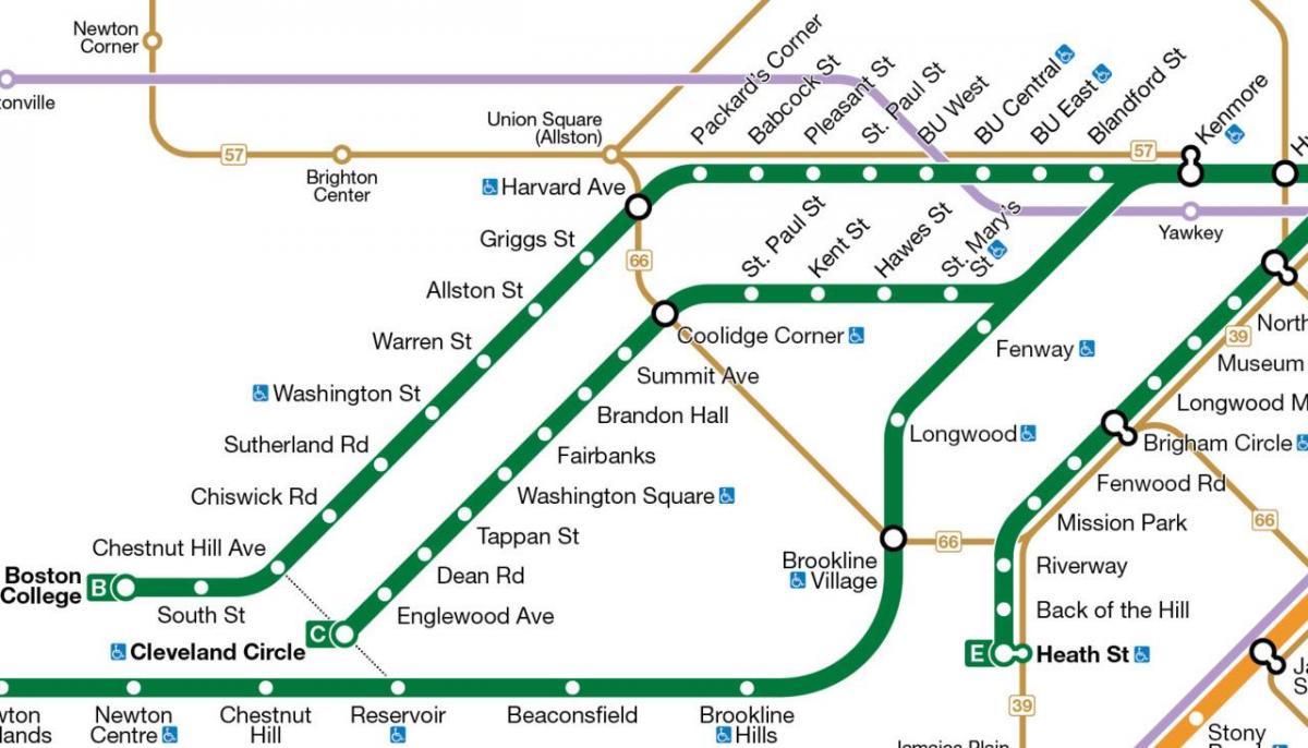 MBTA зелена линија мапа