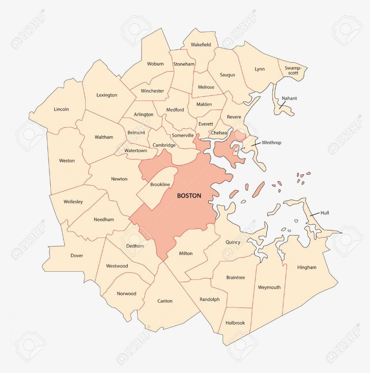 мапата Бостон област
